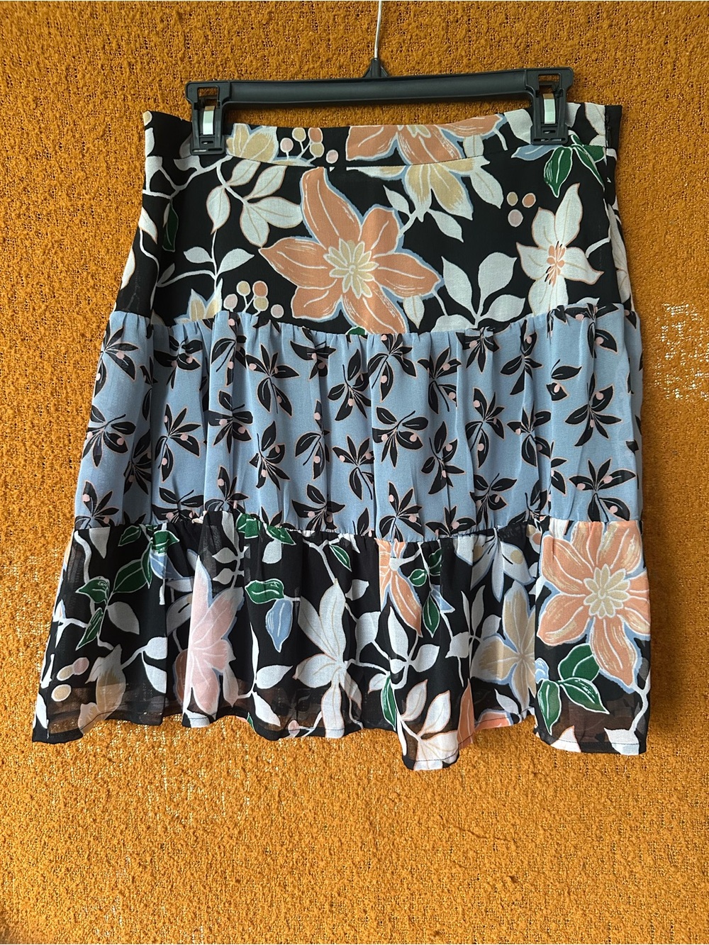 LOFT Floral Tiered Mini Skirt in Black with Peach & Light Blue